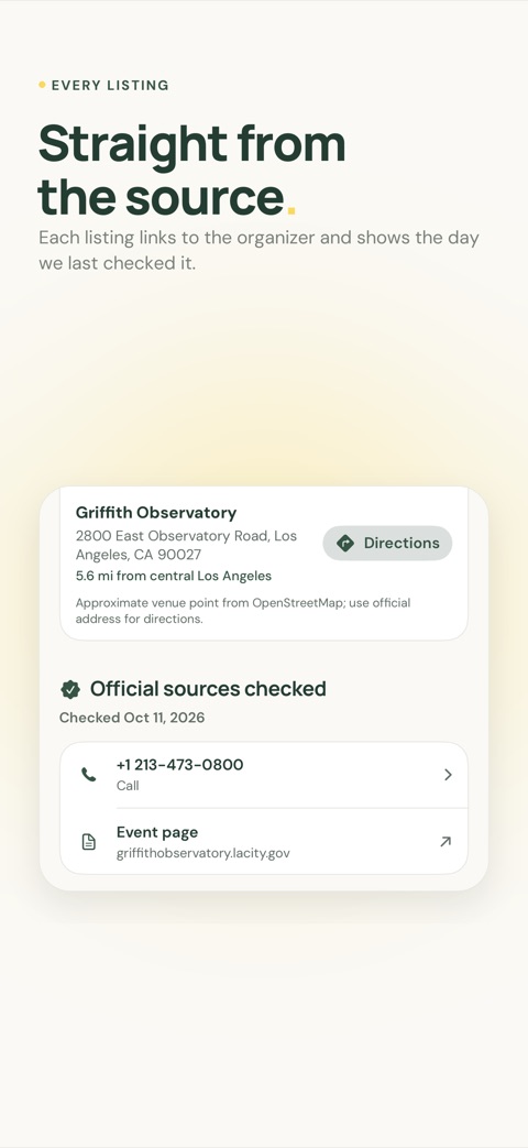 Every listing links to the organizer and shows when we checked it