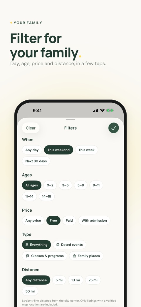 Filter by day, age, price and distance